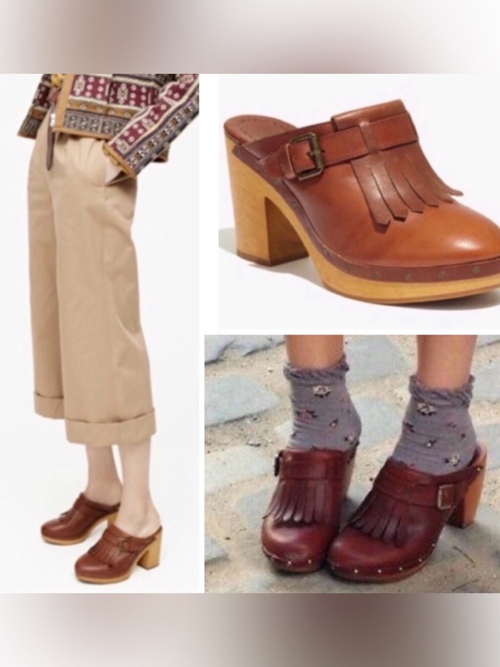 Vintage 1937 Madewell Cognac Leather Fringe Buckle Clog Mules